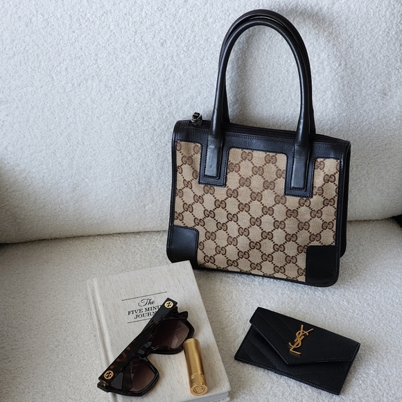 Vintage Gucci GG Supreme Monogram Canvas Brown Leather Mini Zippered Tote Bag - Picture 15 of 16